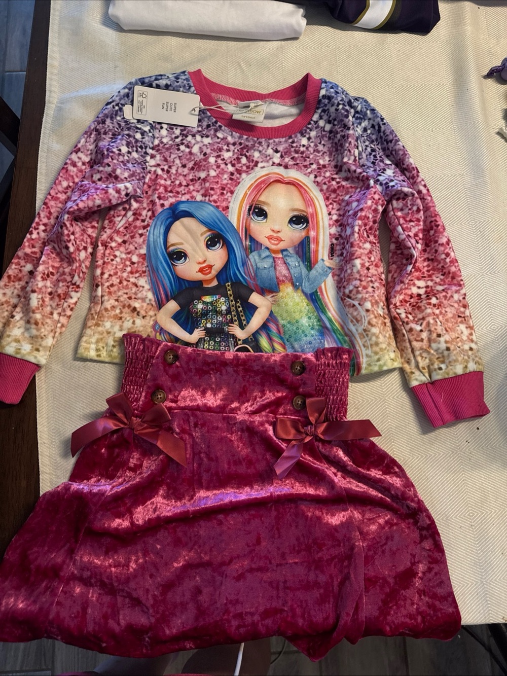 Girls Pink Character Top & Velvet Skirt Set